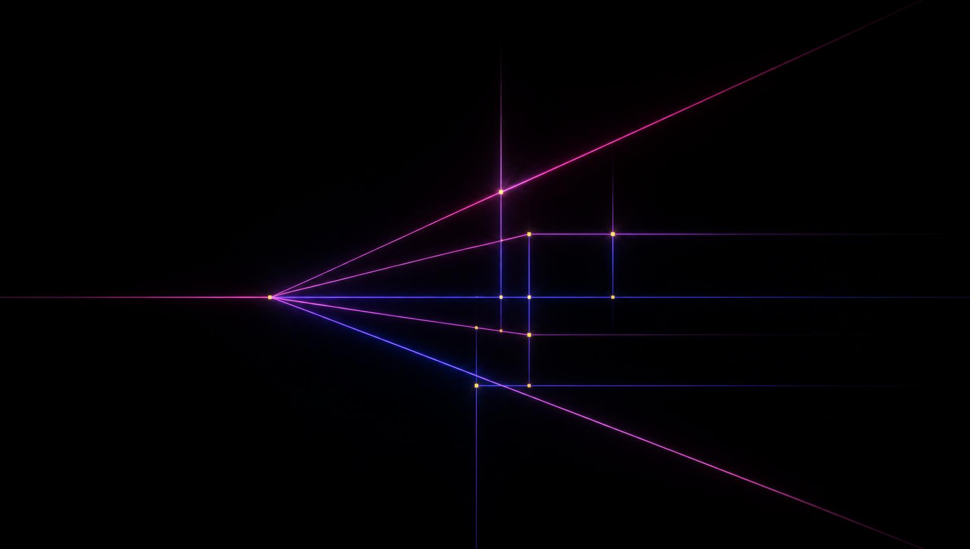 Reference frame, thin precise pink and blue light lines drawing out of one origin and locking into an ordered geometric structure with small yellow signal points