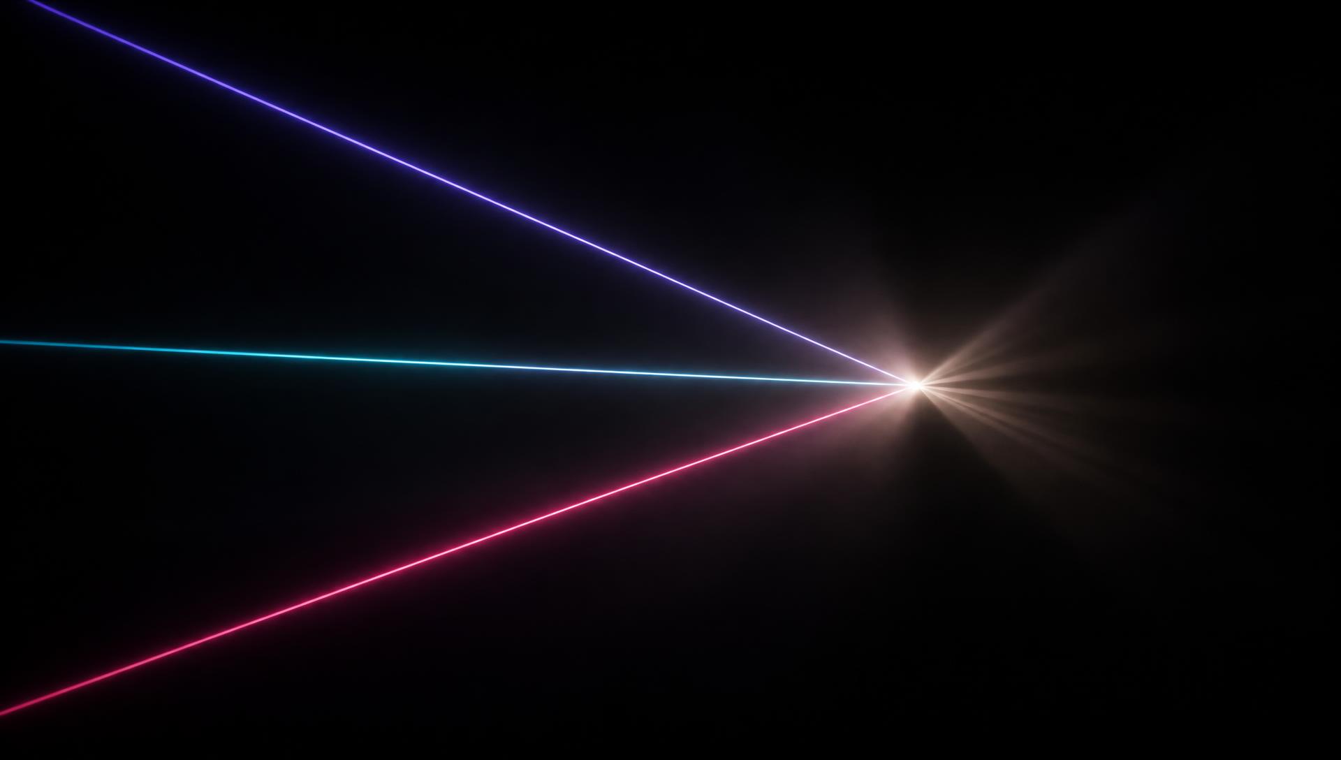 Reference frame, one brilliant warm white core with three precise spectral lines running cleanly into it across pure black