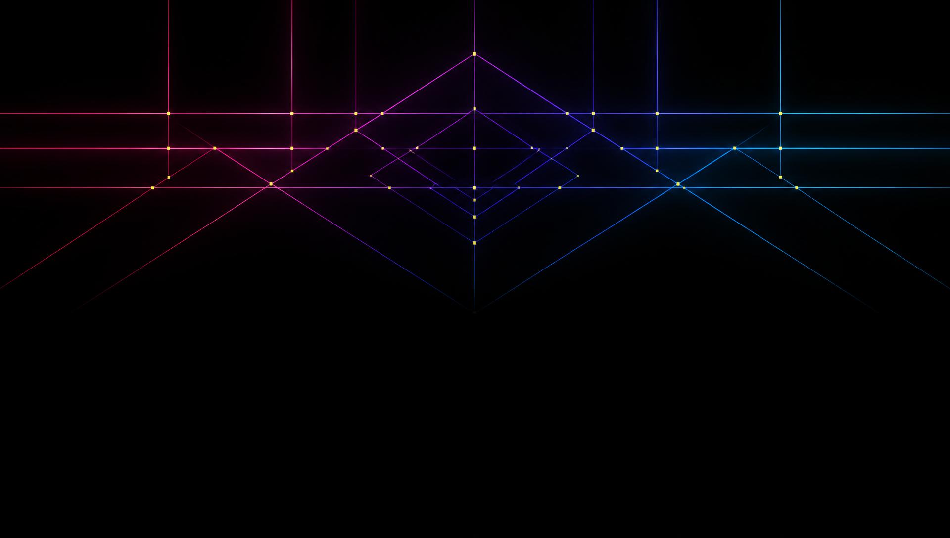 Reference frame, a resolved geometric architecture of thin spectral light lines in the upper half with a clean empty black lower half reserved for typography